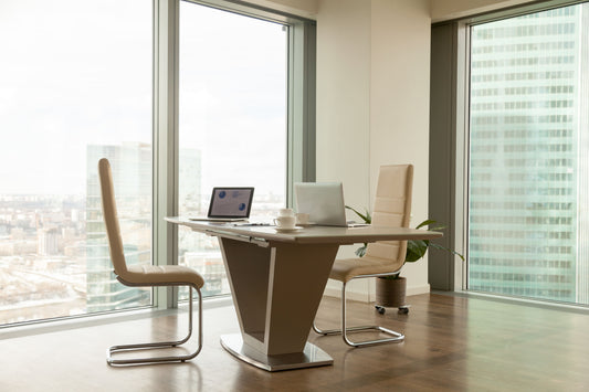 A modern professional space with a city view, fitted with luxury executive office furniture