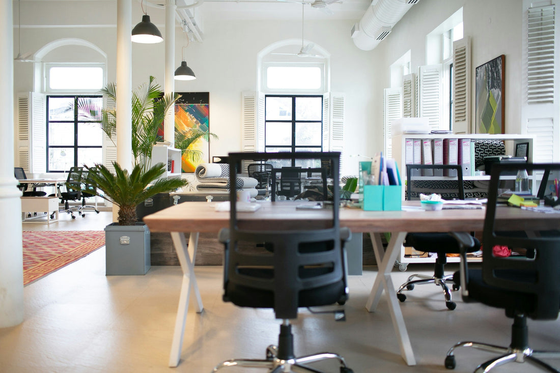 Stylish and fun professional office space with modern furniture and bright accents
