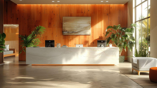 A bright reception area fitted with modern receptions units, creating a welcoming waiting area