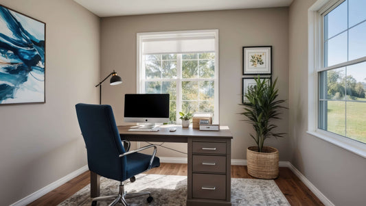 Modern home office design with stylish desk, ergonomic chair, and natural lighting.