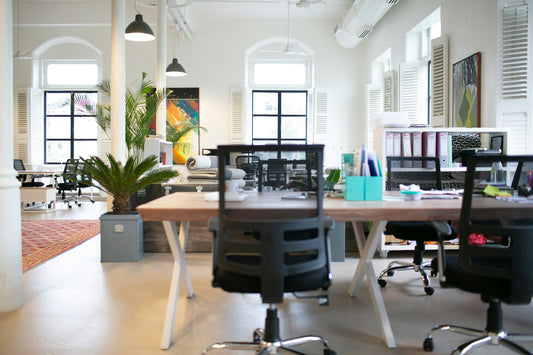 Stylish and fun professional office space with modern furniture and bright accents